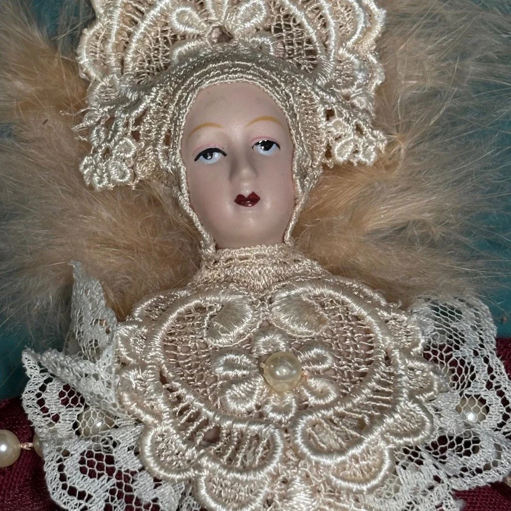 Burgundy Damask Lace Feather Victorian Tassel Doll 11in